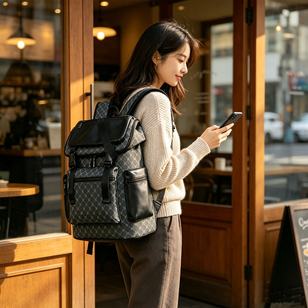 Fashionable Teenager'S And Teenager'S Versatile Large Backpack with Water Cup Capacity - Lightweight PU Material, Multi-Compartment Design, Adjustable Shoulder Straps, Flat Bag And Mesh Bottom, Suitable for Travel, School, And Outdoor Activities