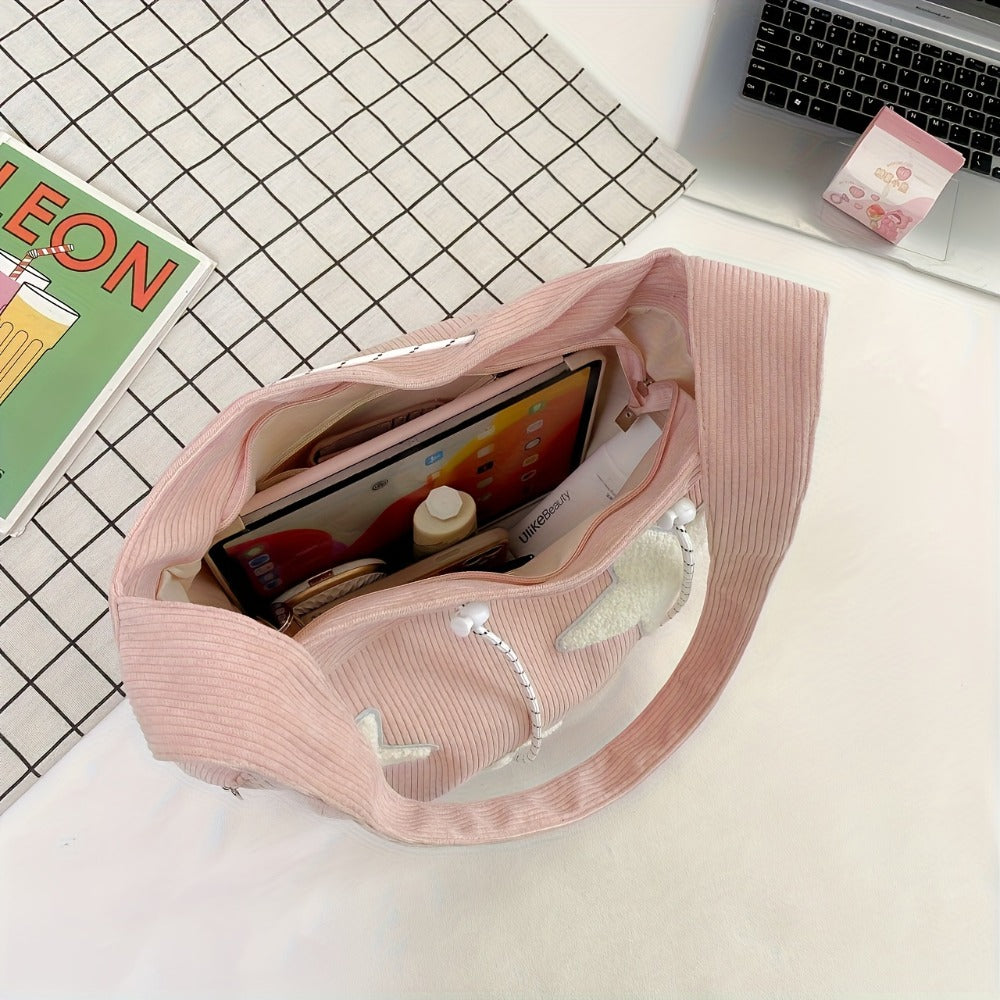 Women's Japanese Style Corduroy Shoulder Bag - Casual Messenger Design, Polyester Lining, Zipper Closure | Hand Wash Friendly | Large Capacity