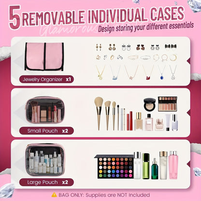 Makeup Bag Cosmetic Bag Organizer with 4 Inner Removable Pouches And 1 Jewelry Roll Multifunctional Travel Makeup Case
