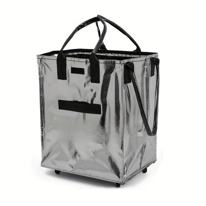 Outdoor Luggage, Tote Bag with Wheels, Foldable Shopping Cart, Zipper Closure, Medium Size in Black, Golden, and Silvery