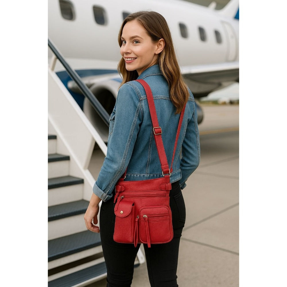Super Soft Genuine Leather Crossbody Bag with Top Belt Accent – Classic Bronze Hardware