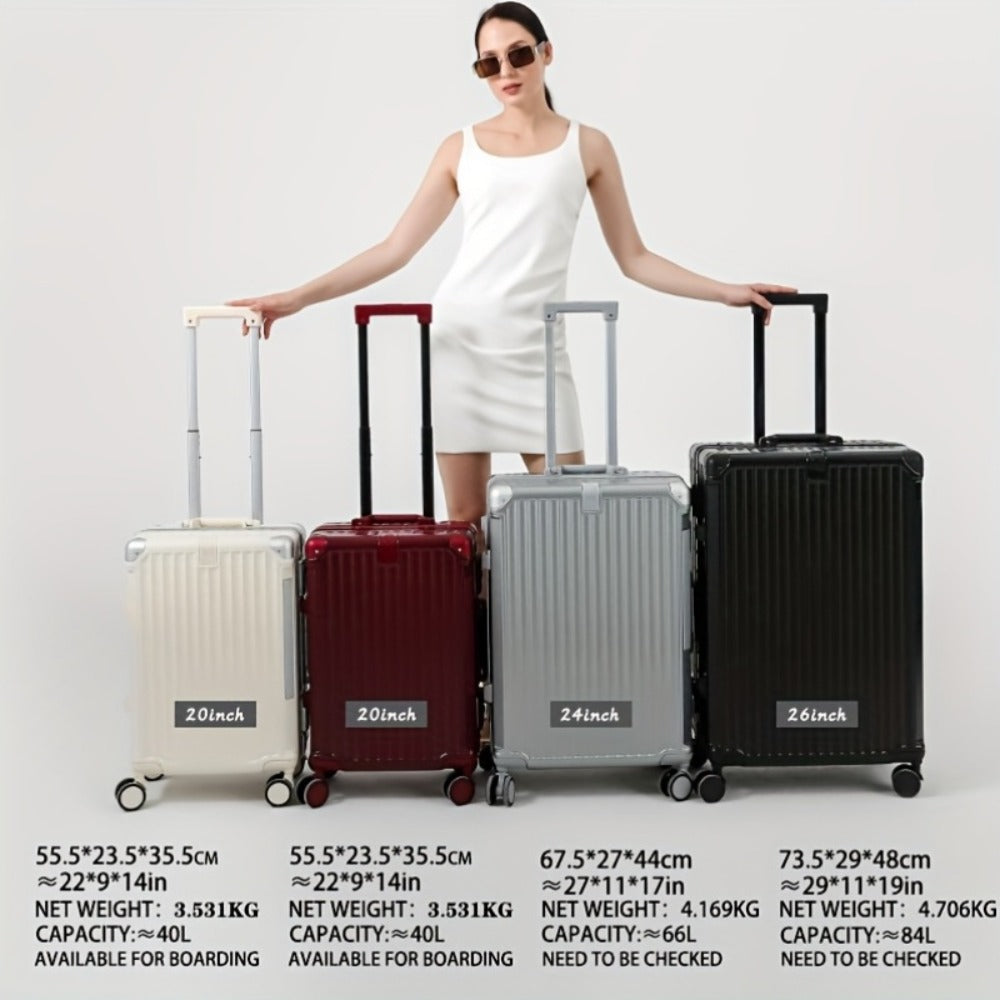 Multifunctional Aluminum Alloy Frame Suitcase, ABS+PC Material Suitcase, Scratch-resistant And Wear-resistant. Foldable Cup Holder And Side Stand Foot Hook, TSA Customs Password Lock. Universal Wheel, Internal Compartment And Compression Belt Design