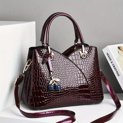 2022 Newest Trendy Women's Faux Crocodile-Texture Handbag with Cherry Pendant - Stylish Black and Red Shoulder and Crossbody Bag, Zip Closure, Polyester Lining, Edge Paint Detail, Crossbody Bag|Chic Shoulder Bag|Zippered Bag