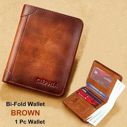1pc Men's Genuine Leather Zipper Wallet, Top Layer Cowhide RFID Blocking Wallet, Vintage Multi-functional Wallet with 2 ID Card Windows, Ideal Gift for Men