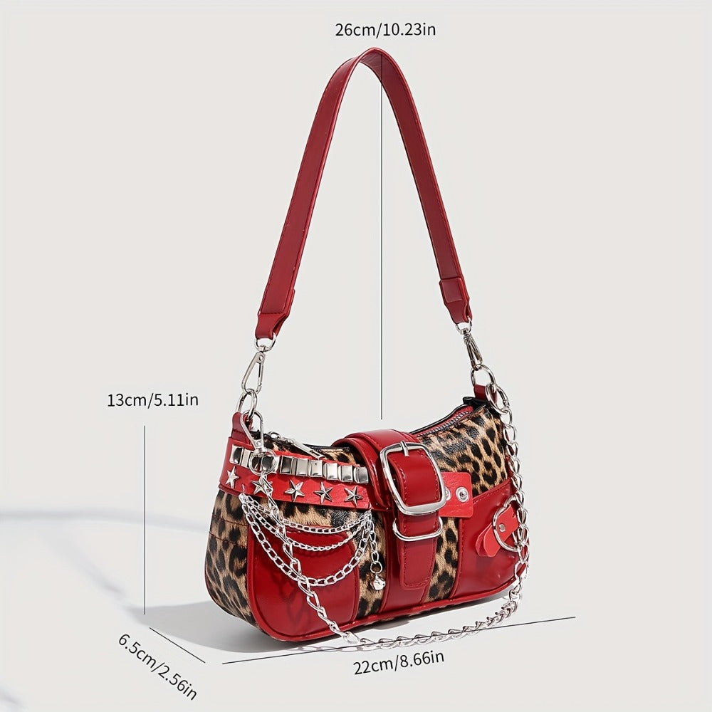 1pc Y2K-Inspired Red & Leopard Print Shoulder Bag with Chain Strap, Magnetic Closure, and Star Accents - Trendy Single-Strap Crossbody Bag for Women, Trendy Accessory | Playful Accessory | Durable Zippers, Shoulder Bag