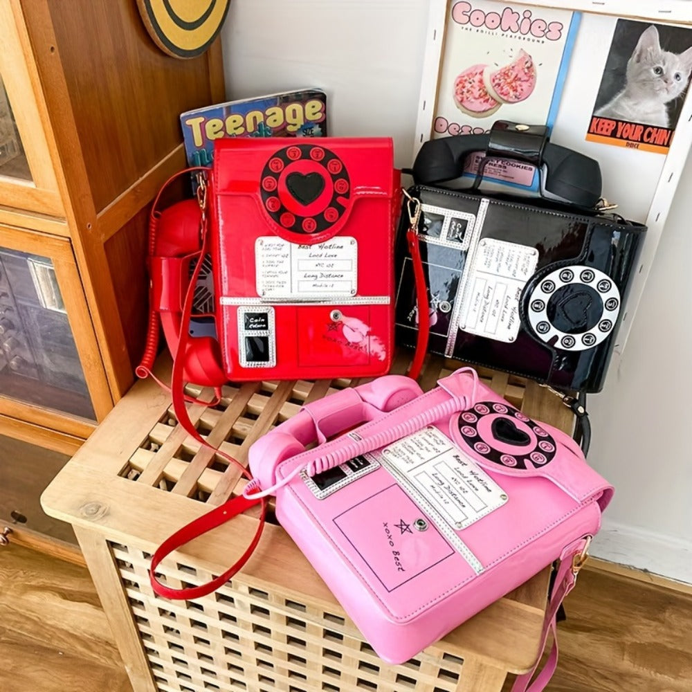 Creative And Stylish PU Glossy Chic Retro Telephone-Shaped Cross Body Bag For Women - Fashionable Simulated Body Bag, Irregular Bag, Shoulder Purse, Comb Bag, Available In Black, Red, Pink. A Perfect Birthday Gift For Your Best Friend Or Family