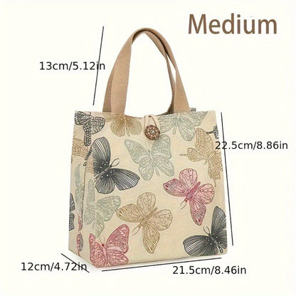 Fashionable Butterfly Printed Canvas Handbag - Portable Lunch Bag With Safety Buckle, Suitable For School, Travel, Picnicking, And Office Use