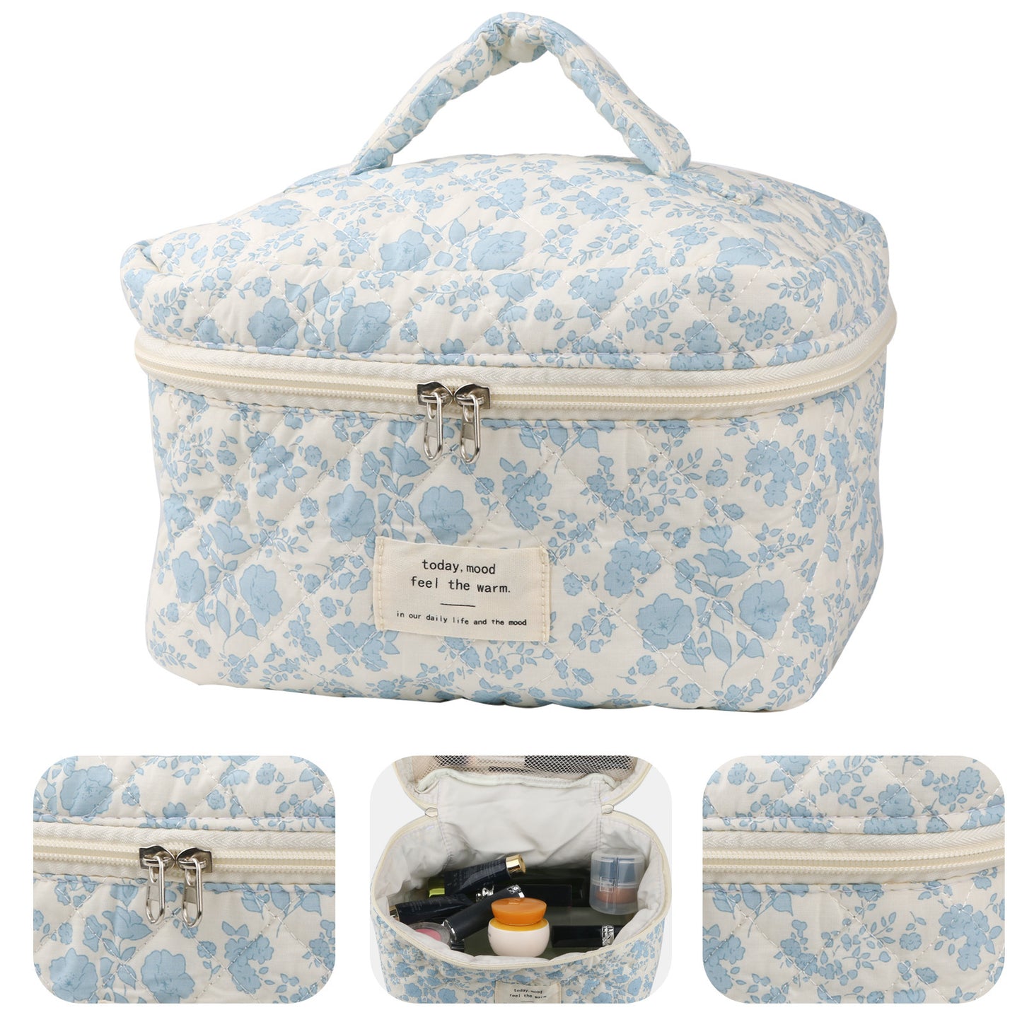 2 Pcs Cute Makeup Bag for Women, Travel Cosmetic Bags, Quilted Coquette Aesthetic Floral Toiletry Organizer Bag