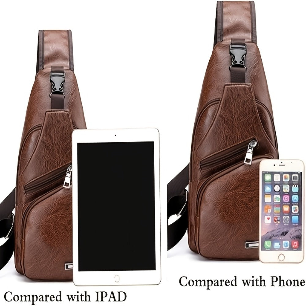 Faux Leather Sling Chest Bag, Lightweight Crossbody Bags for Men Women, Mini Sash Bag with USB Charging Port, One Strap Backpack for Travel Outdoor Camping (Light Brown/Black)