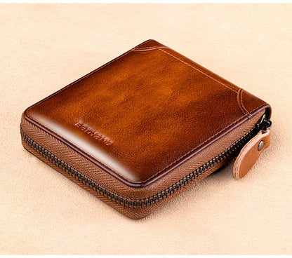 BANYANU Retro Men's Leather Zipper Wallet RFID Large Capacity Folding Multi Card Head Layer Leather Wallet Can Put Coins Wallet Father's Day Valentine's Day Gift 8 Card Slots