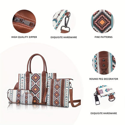 2025 Europe And The United States New Canvas Tote Bag Four-piece Set Of Retro Bohemian Style Personality Large-capacity Bag