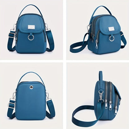 4 Colors Lightweight Nylon Women's Messenger Bag - Casual Mini Handbag with Multi-Zipper Compartments, Detachable Adjustable Shoulder Strap & Metal Rings, Available in Lavender, Black, Dark Purple, Grey, Brown, Sapphire Blue, Small Crossbody Bag, Versatil