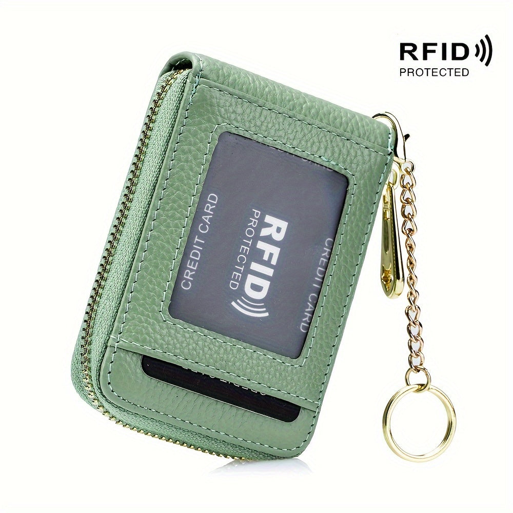 RFID Blocking Credit Card Holder Wallet With Keychain & ID Window Small Leather Zipper Card Case For Women (Vertical 12 Slots)