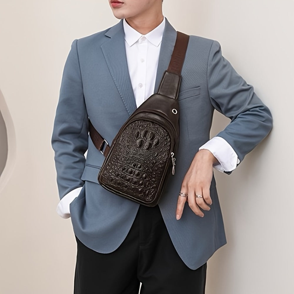 1pc Crocodile Pattern Sling Bag - Unisex Versatile Travel Backpack - Men'S Chest Bag With Headphone Jack Hole - Multiple Compartments Adjustable Brown Chest Bag - Shoulder Bags Gifts For Travel, Sports & Camping, Stylish Zipper Closure