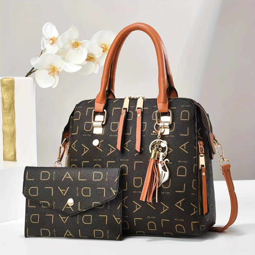 Fashion Alphabet Printed Handbag 2pcs Clash Color Crossbody Casual Work Ladies Bag Tassel Charm Gift Women's Bag Set