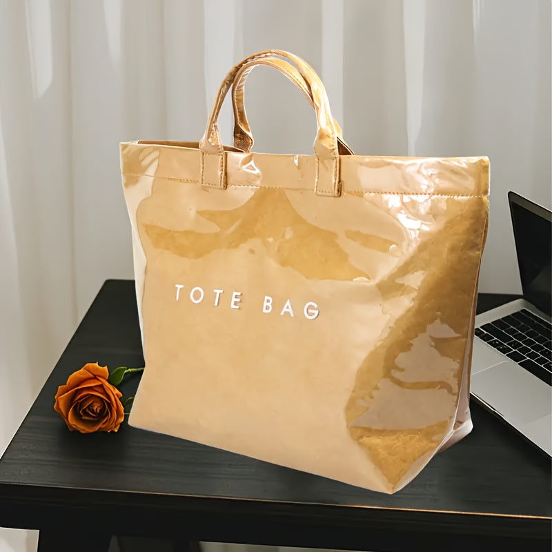 Women'S High Quality PVC And Wrinkle Paper Transparent Handbag - Large 13.2-Inch Transparent Shoulder Bag with 2 Compartments, White Letter Printed Design, Suitable for Work, Travel, Beach, And Daily Use, High Quality Bag