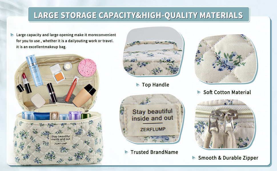 Cute Quilted Floral Makeup Bag (3Pcs)Coquette Aesthetic Cosmetic BagTravel Toiletry Bags Kawaii Aesthetic pouch for Women