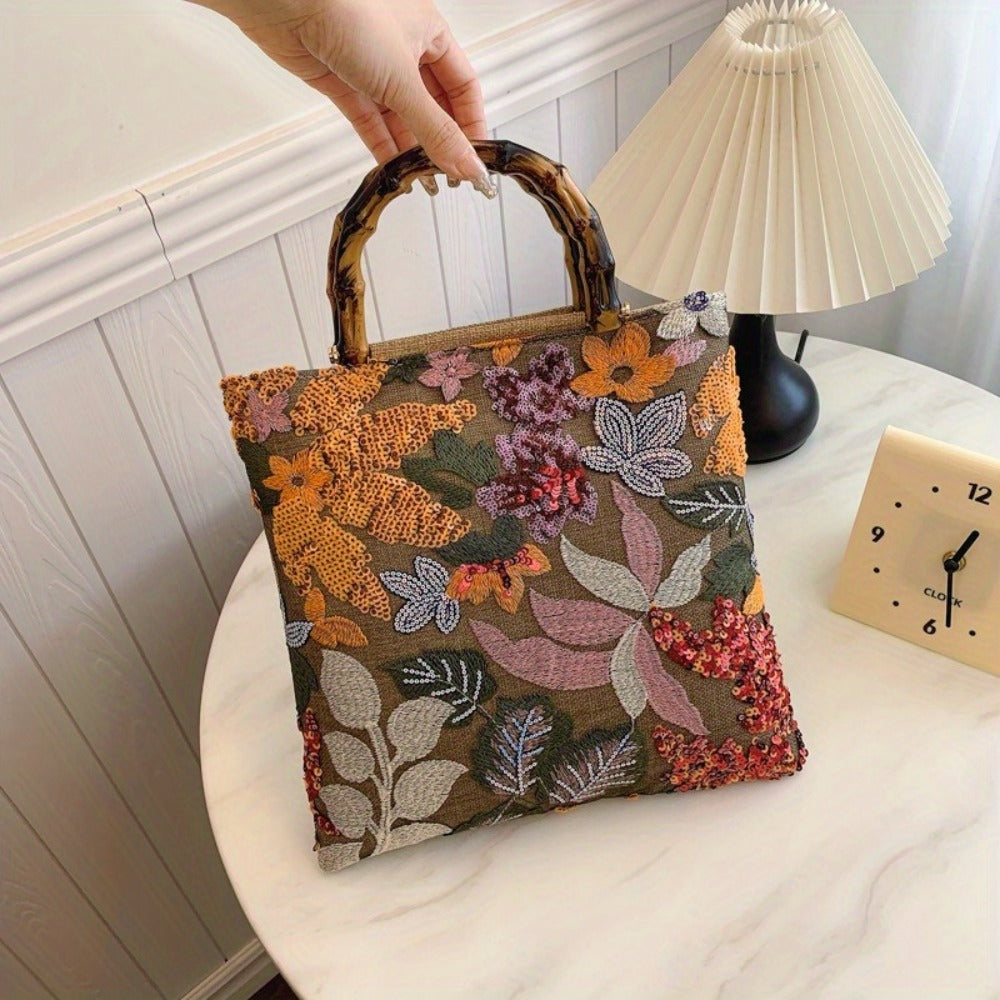 [Retro Bamboo Tote] Premium Retro Bamboo Tote Bag | Women's Hand Carry Heavy Industry Embroidery Color Sequins Tide Dinner Bag