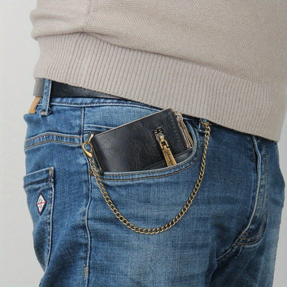 Vintage Men With Chain PU Leather Bifold Wallet For Double Zipper Anti-Theft Coin Pocket Card Holder Cash Billfold Front Pocket