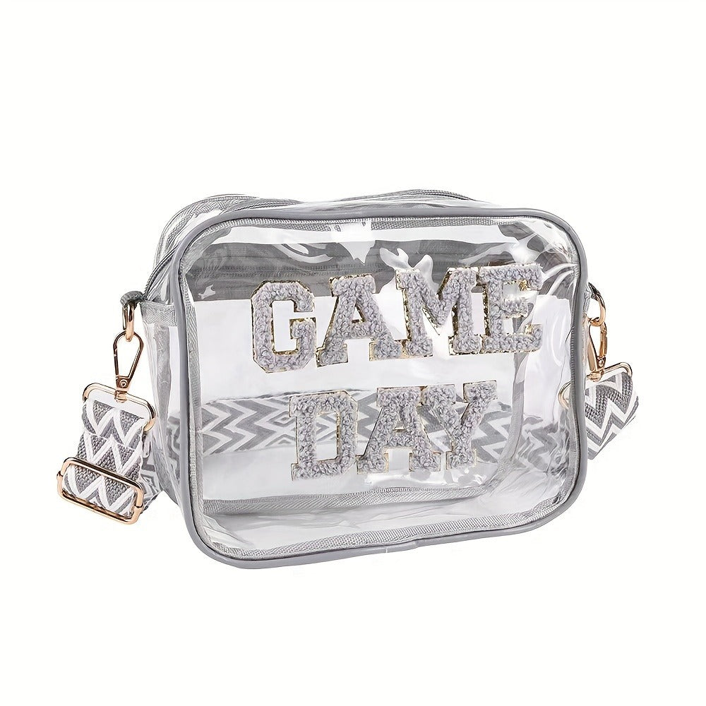 PVC Transparent Crossbody Bag with Embroidered Letter Design, Transparent Square Shoulder Bag with Zipper Closure And Painted Edges, Portable Travel Toiletry Organizer, Suitable for Sports, Travel, Beach, And Events