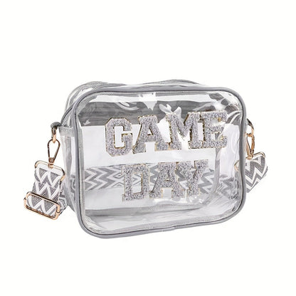 PVC Transparent Crossbody Bag with Embroidered Letter Design, Transparent Square Shoulder Bag with Zipper Closure And Painted Edges, Portable Travel Toiletry Organizer, Suitable for Sports, Travel, Beach, And Events