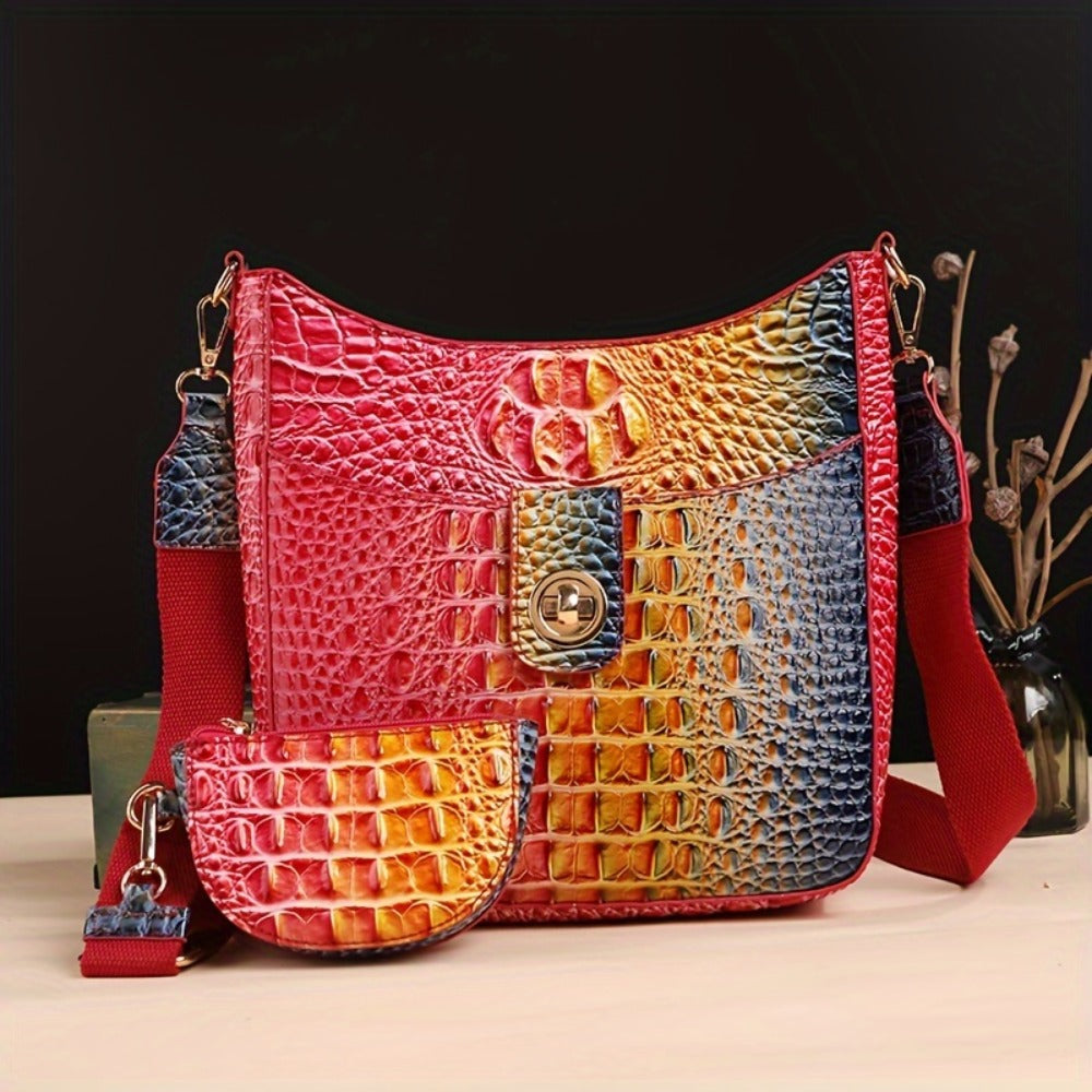 Trendy Crossbody Bag with Crocodile Pattern - Premium Bucket And Coin Purse Style - Multi-Purpose Shoulder Bag Suitable for Any Event
