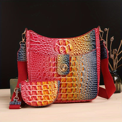 Trendy Crossbody Bag with Crocodile Pattern - Premium Bucket And Coin Purse Style - Multi-Purpose Shoulder Bag Suitable for Any Event
