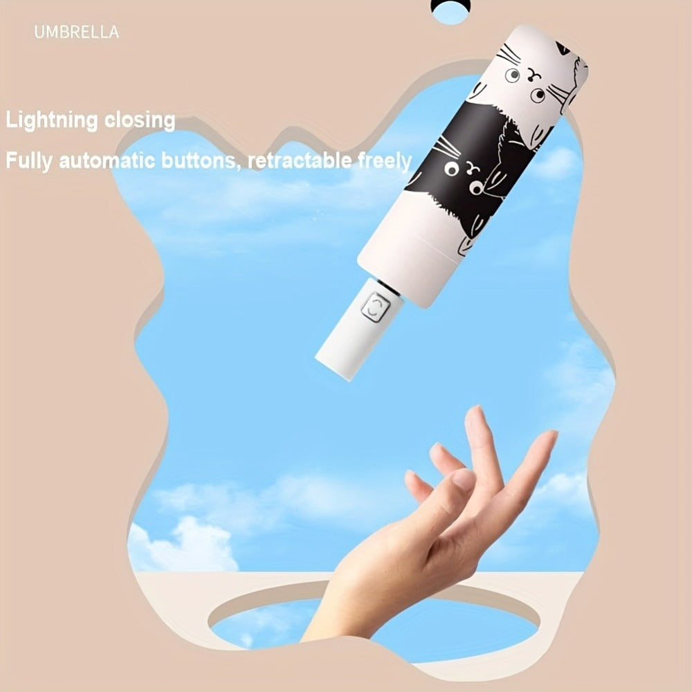 Compact Cat Umbrella - Automatic Folding Dual-Use Rain and Black Coating Windproof Lightweight Portable Travel Companion for Men and Women