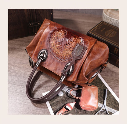 Women's Retro Flower Embossed Tote Bag, Gradual Change of Color, Large-Capacity Satchel Hand Bag, Suitable for Commuting and Gathering