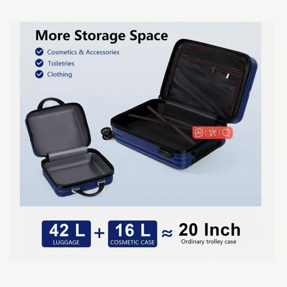 2pcs Airline Approved Carry-On Luggage Set Suitable for -20"+14" Hard Shell ABS+PC Suitcase with TSA, Spinner Wheels & Hook Attachment - 20” & 14” Blue Airplane Travel Case (Airport Approved)