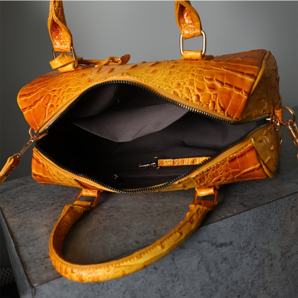 Gradient Crocodile Embossed Boston Bag for Women, Vintage Glossy Synthetic Leather Barrel Handbag with Detachable Crossbody Strap, Luxury Top Handle Shoulder Purse, Large Capacity Daily Commute Handbags