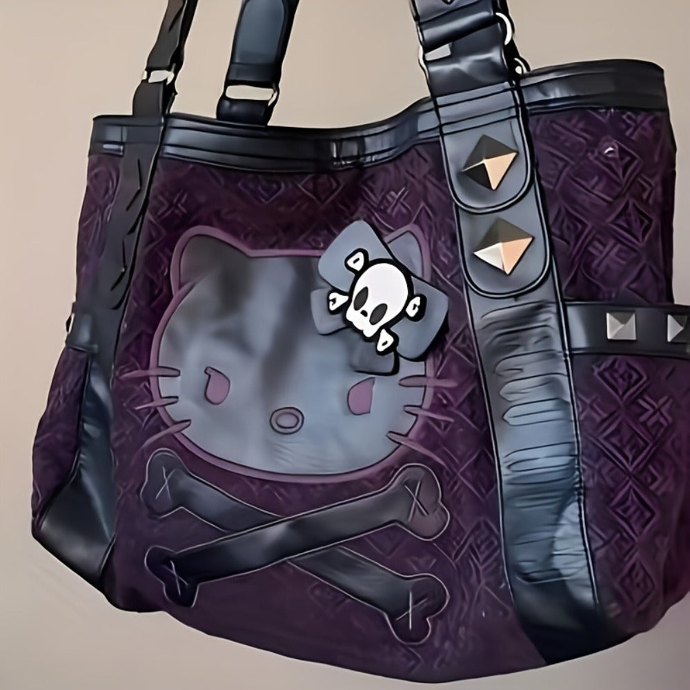 Genuine Hello Kitty Vintage Purple Tote Bag Featuring Black Accents - Y2K Gothic Aesthetic, Sturdy Nylon, Zipper Fastening, Multi-Functional Underarm Tote, Daily Use Tote Bag | Gothic Design Bag | Metal Earring Details, Retro Tote Bag