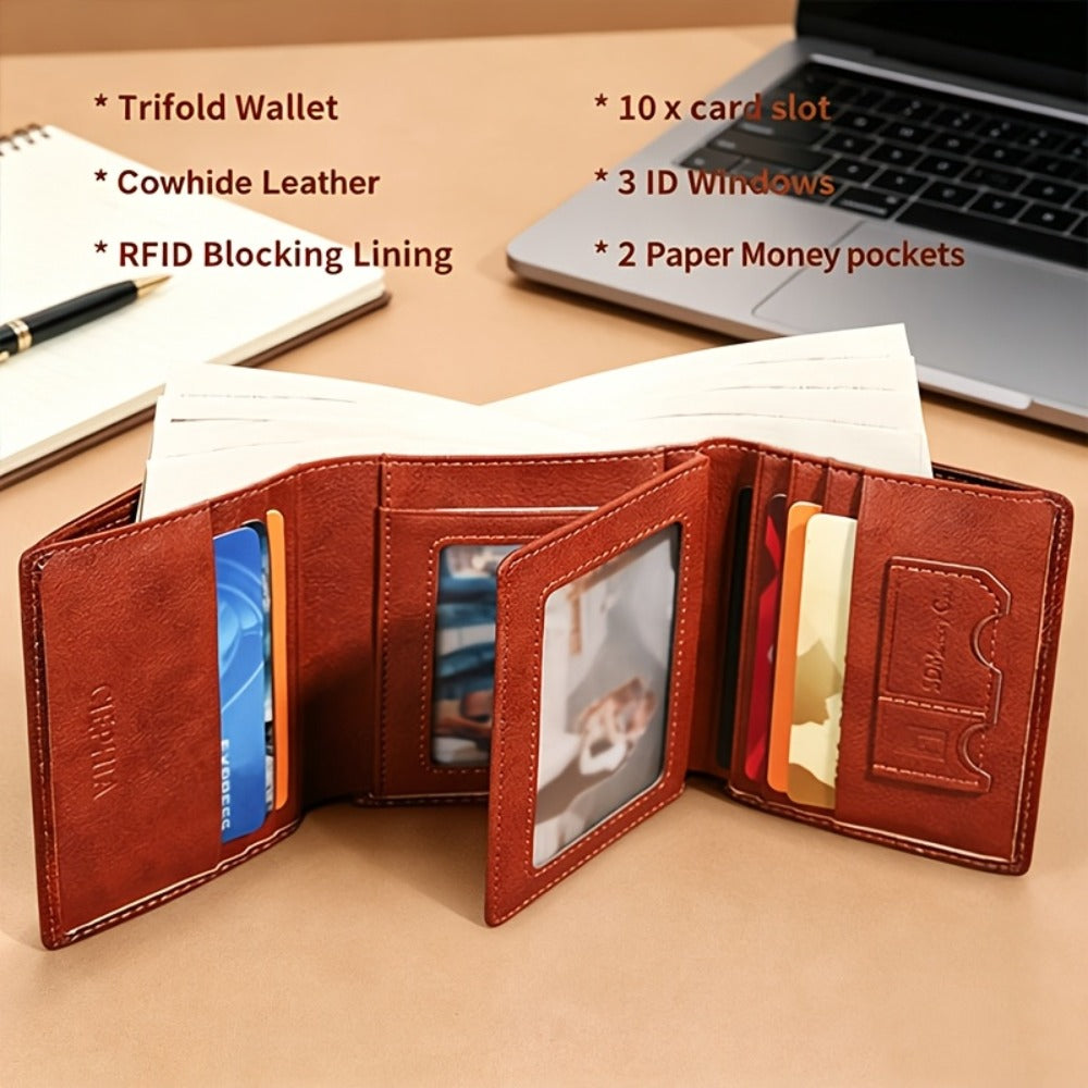 Men's Top-Grain Cowhide Wallet with 3 ID Windows Display, RFID Blocking Protection Vintage Wallets for Man Multi Functional Credit Card Holder Money Clips Perfect Holiday Gift for Him