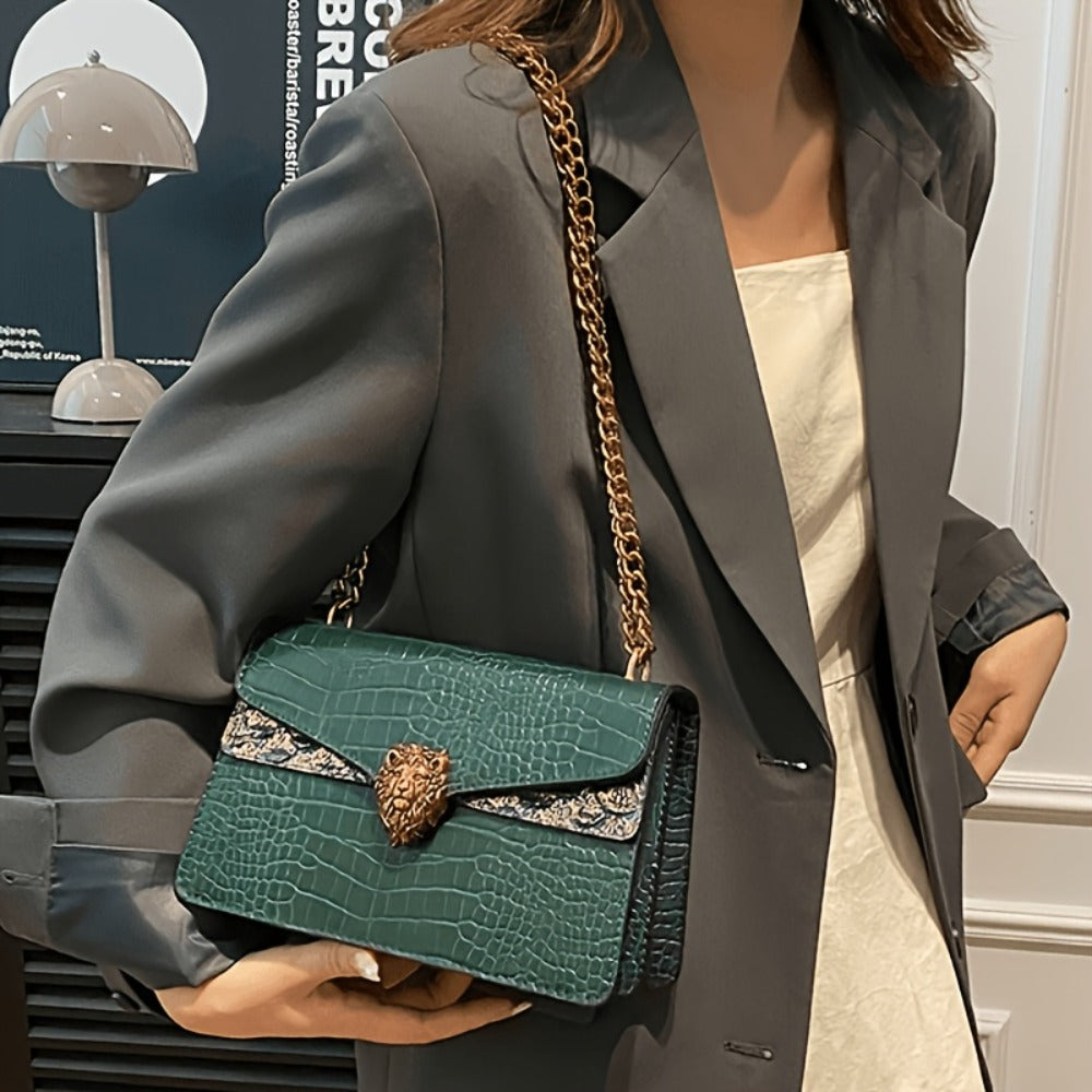 2025 New Women'S Crossbody Bag with Golden Chain And Animal Headdress- Small Square Shoulder Bag, Urban Fashion Buckle Closure Design, Suitable for Casual And Formal Looks, Multifunctional Accessory, High-End Elegant Handbag, Fashion Item