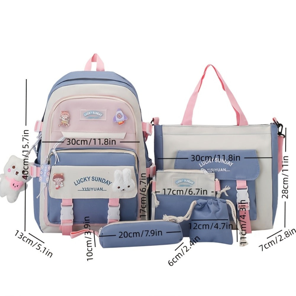 5pcs Solid Color Backpack, Teenager'S Travel Bag, Large Capacity Backpack, Easy Tote Bag, Pencil Case, Casual Crossbody Bag, Lightweight Student Shoulder Bag, for Teenager, For Teenager