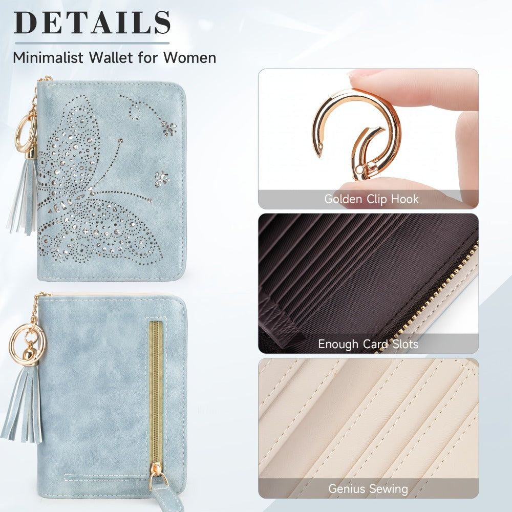 Women RFID Blocking Small Bifold Wallet, Compact Cash Clutch with Zipper Coin Pocket, Glittery Butterfly Design, Credit Card Holder, Travel Purse with Tassel Mom Gift Faux Leather Tote Zipper Daily