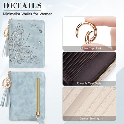 Women RFID Blocking Small Bifold Wallet, Compact Cash Clutch with Zipper Coin Pocket, Glittery Butterfly Design, Credit Card Holder, Travel Purse with Tassel Mom Gift Faux Leather Tote Zipper Daily