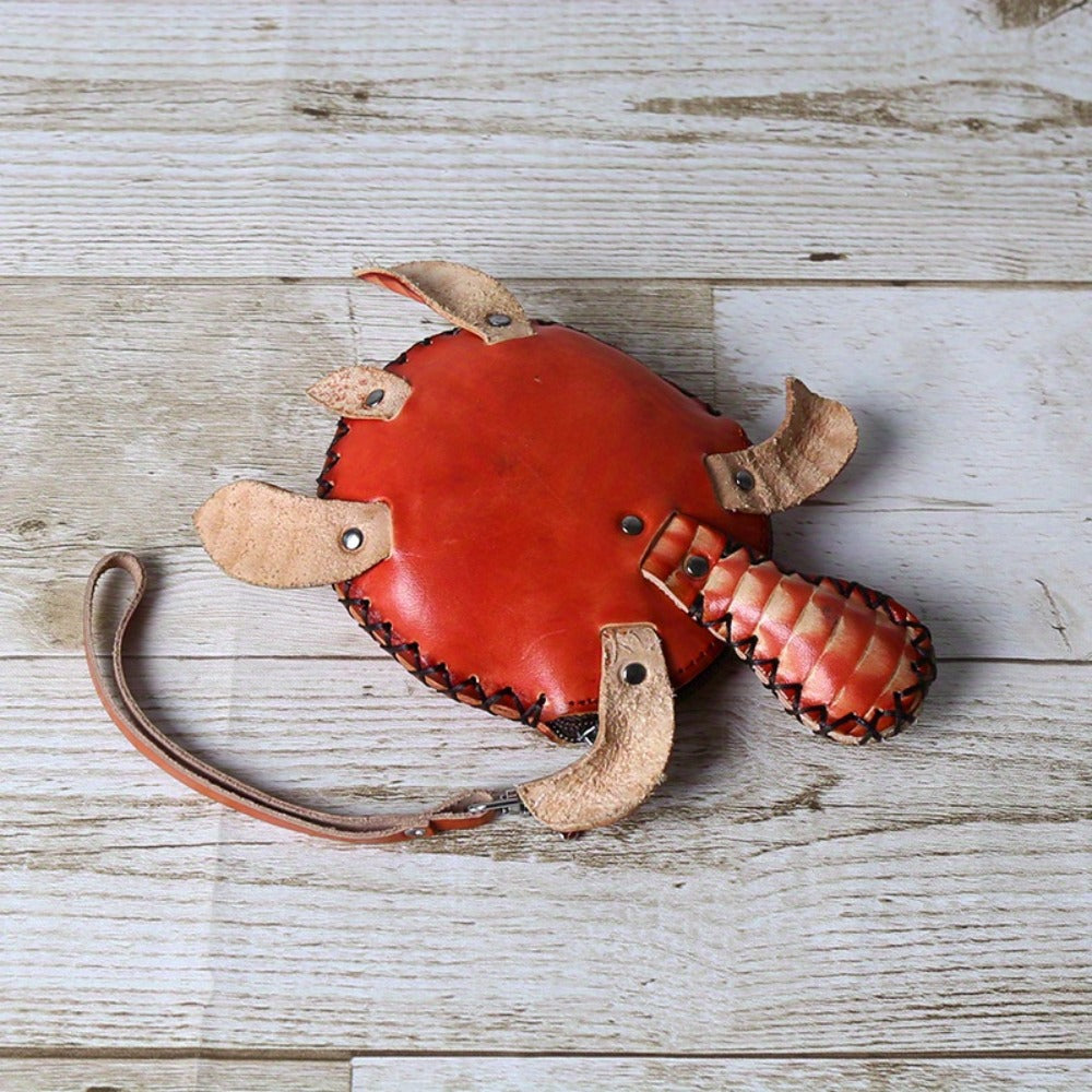 Handcrafted Retro Turtle Coin Purse - Full-Grain Cowhide Genuine Leather, Removable Genuine Leather Wristlet, Zipper Closure, Multi-Compartment for Coins/Cards/Keys, Thoughtful Gift for Women Students Friends Family