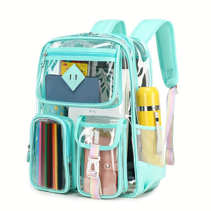Transparent Double-shoulder Bag,, Casual, Large-capacity, Transparent Backpack, Extra-thick PVC, Solid Color, School Bag, Stadium, School, Simple, Computer Bag.