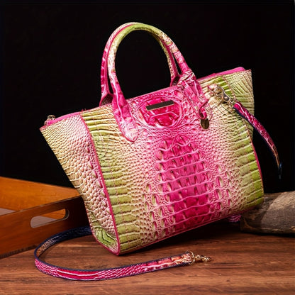 [Crocodile Patterned Handbag] Fashionable And Colorful Crocodile Patterned Handbag, A Visual Feast Of Multi-Color Gradient Fusion, Craftsmanship Texture, And Exquisite Metal Accessories Embellishment. Large Capacity Design Meets Diverse Needs