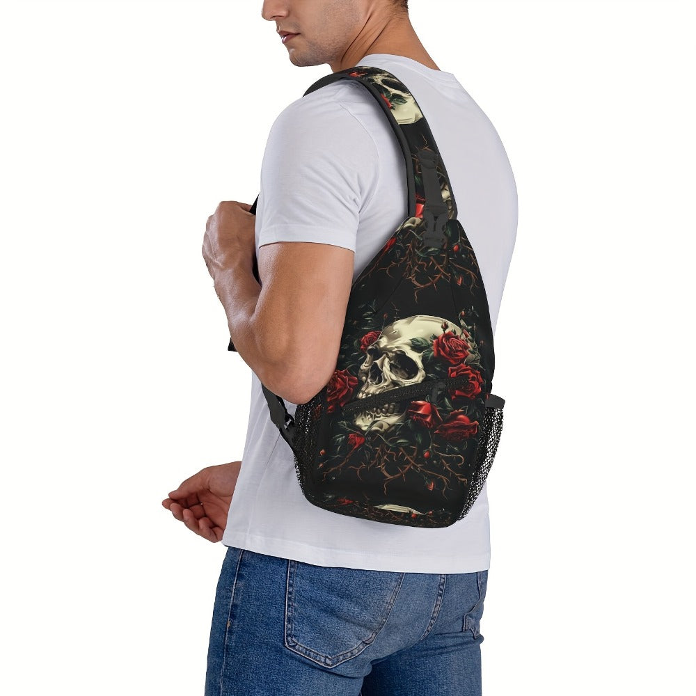 Crossbody Chest Hiking Backpack Skull And Red Roses Shoulder Folding Large Capacity Fashion Durable Can Be Used For Shopping, Work, Travel Beach Fishing Backpack Halloween Travel Backpack For School Back Christmas Gifts