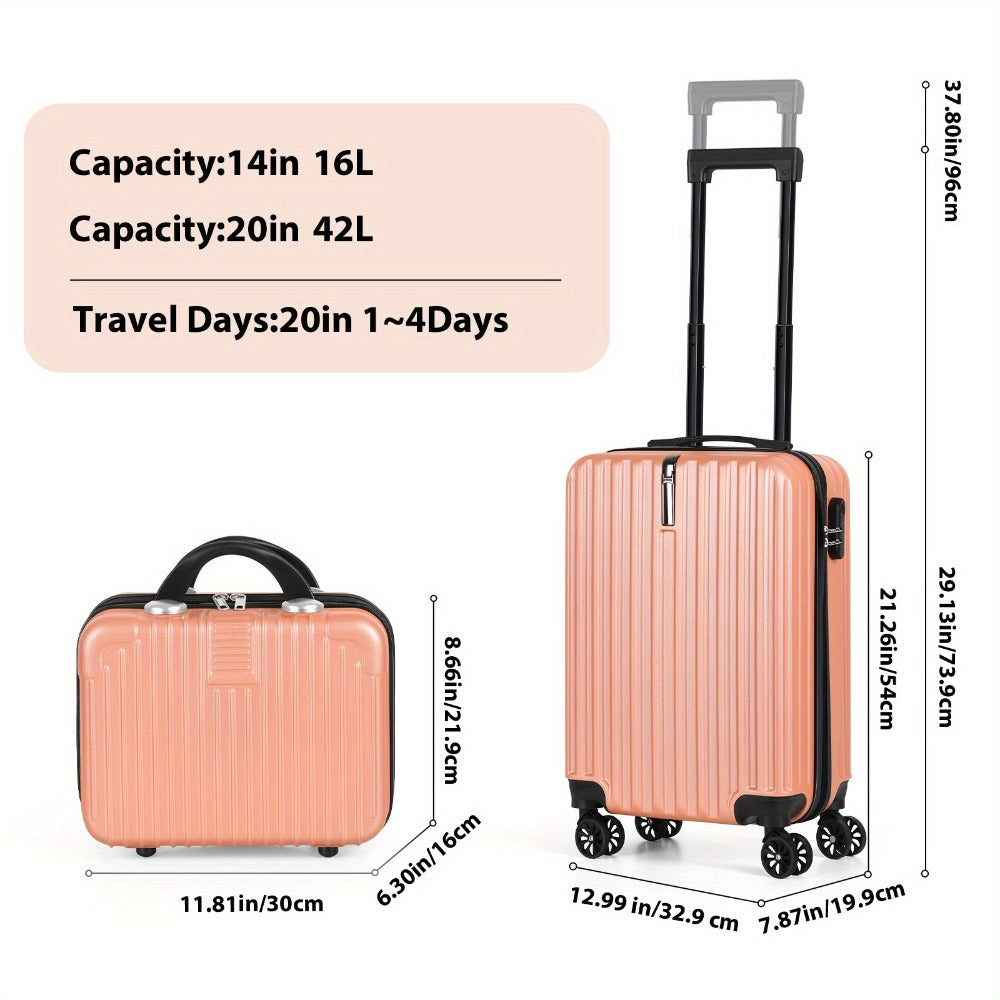 2pcs Luggage Set, 20-Inch Rolling Suitcase & 14-Inch Makeup Bag, Travel Carry-On Trolley Bag with Spinning Wheels & TSA Lock for Business & Leisure Flights. Available In Four Colors.