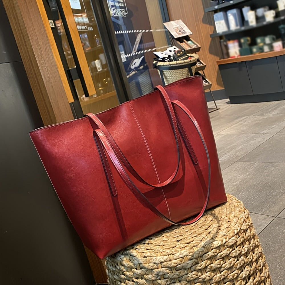 High-quality Oil and Wax Genuine Leather Tote Bag, Double-compartment Zipper Inner Pocket Design, Large-capacity Portable Crossbody Bag, Elegant Shoulder Bag