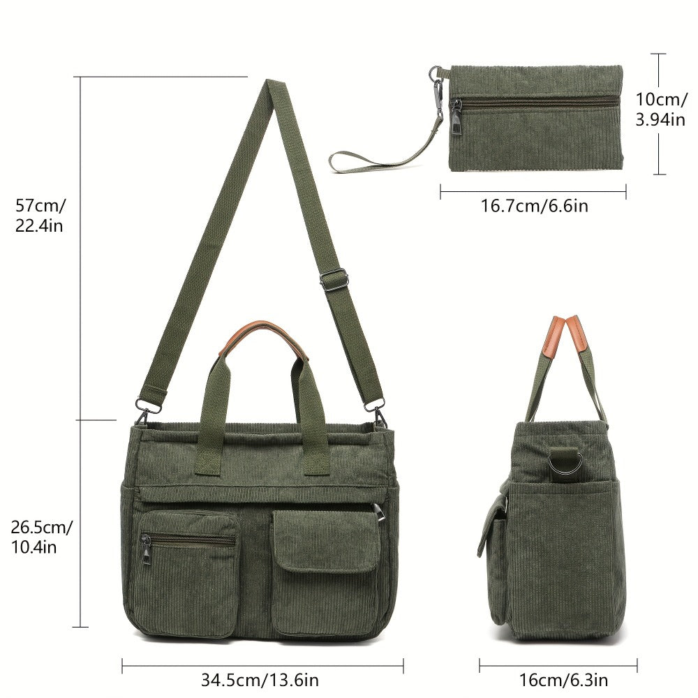 2pcs Set Women's Crossbody Bag: Stylish Corduroy Laptop Tote & Multi-Functional Shoulder Messenger Purse - Large Capacity Work Travel Gym Hobo Handbag