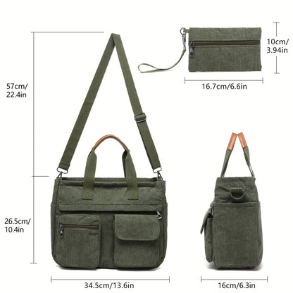2pcs Set Women's Crossbody Bag: Stylish Corduroy Laptop Tote & Multi-Functional Shoulder Messenger Purse - Large Capacity Work Travel Gym Hobo Handbag