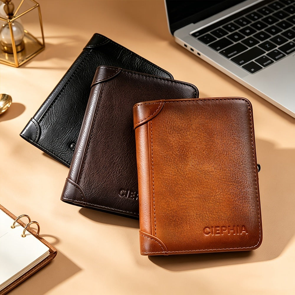 RFID Blocking Bifold Genuine Leather Wallets for Men with Zipper Coin Pouch, Top Layer Cowhide Vintage Multi Function Card Holder Wallet with 2 ID Windows