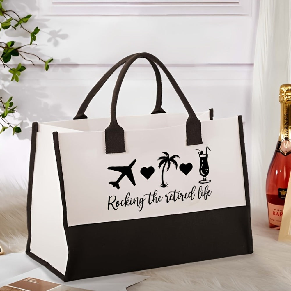 1pc "Rocking the Retired Life" Tote Bag - Large Capacity, Black & White, Ideal for Grandparents, Retirees, and Daily Commute, Hand Washable, Everyday Tote Bag|Playful Design|Durable Handle, Retirement Gifts