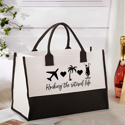 1pc "Rocking the Retired Life" Tote Bag - Large Capacity, Black & White, Ideal for Grandparents, Retirees, and Daily Commute, Hand Washable, Everyday Tote Bag|Playful Design|Durable Handle, Retirement Gifts