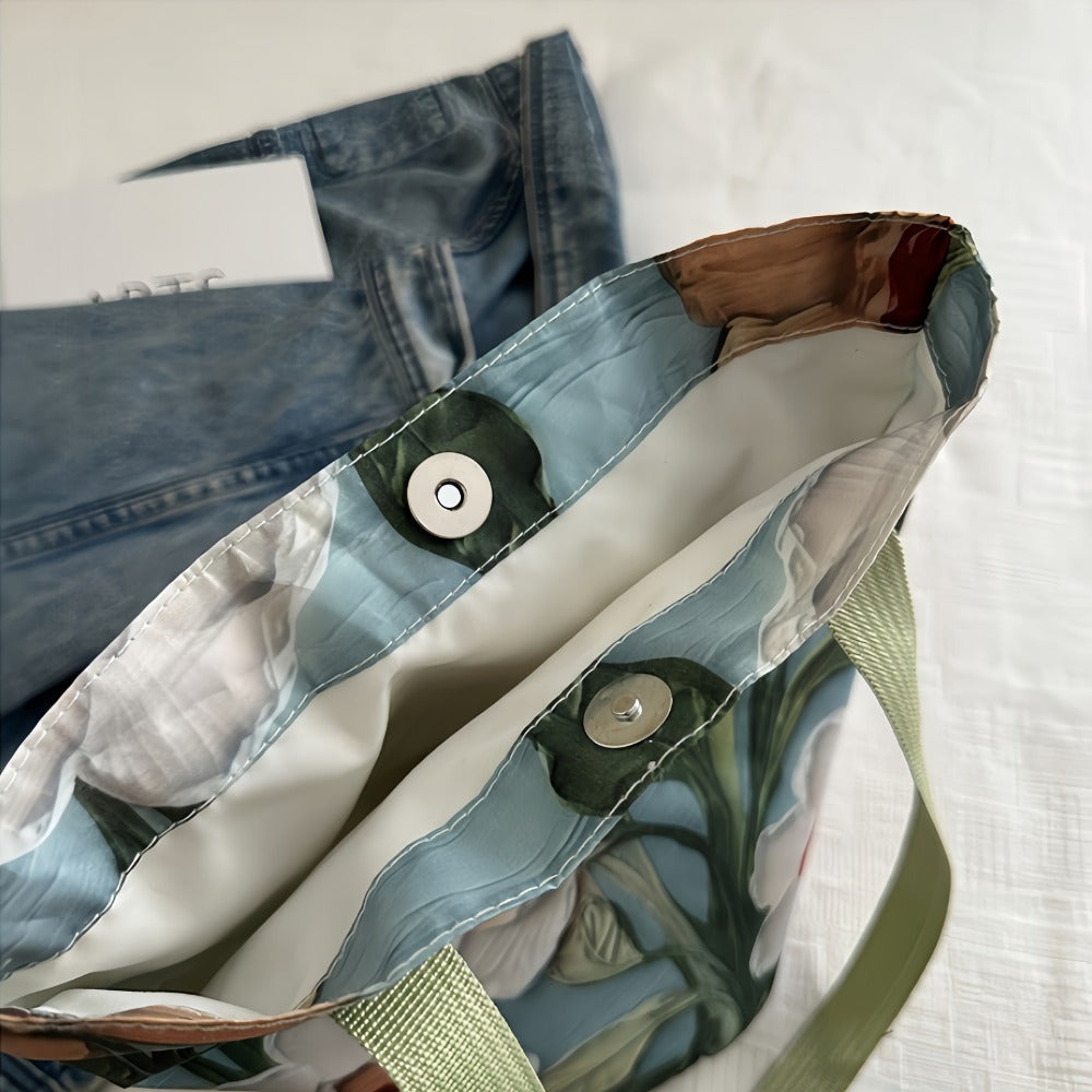 Fashion Oil Painting Flower Summer Handbag - Women'S Trendy Lightweight Shoulder Bag, Summer Large Capacity Tote Bag, Shoulder Back And Bucket Design, Magnetic Buckle Closure, Suitable For Daily Commuting And Leisure Bucket Bag.