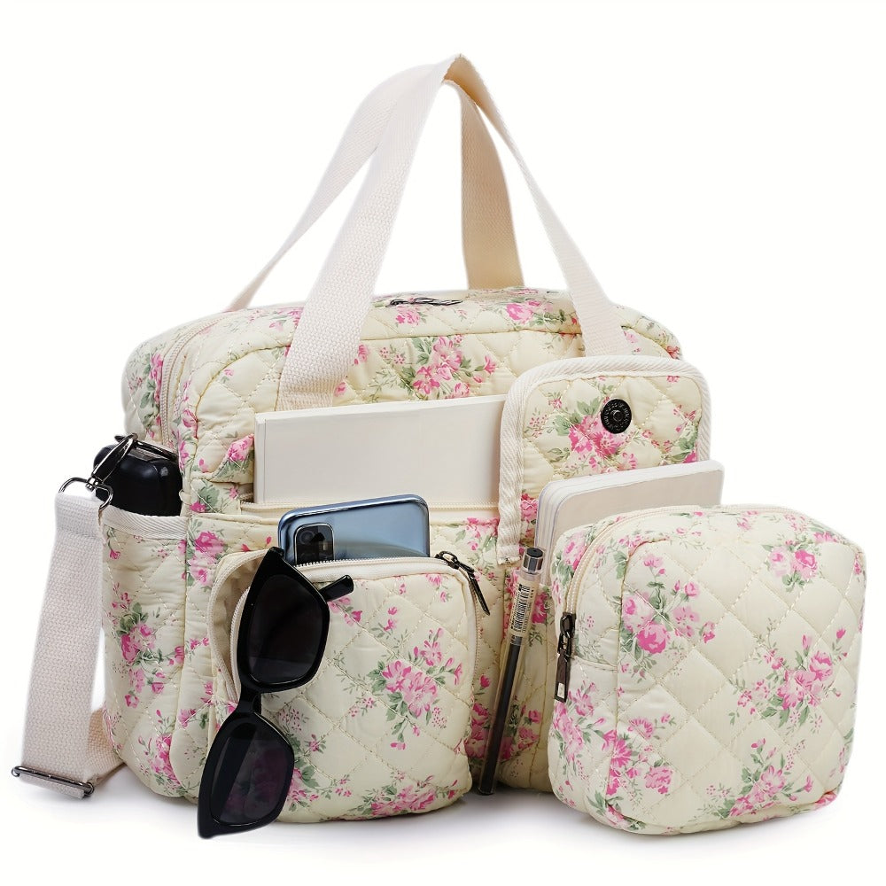 2pcs/Set Small Cute Floral Quilted Tote Bag with Multi-Pockets for Women, Crossbody Shoulder Everyday Handbags